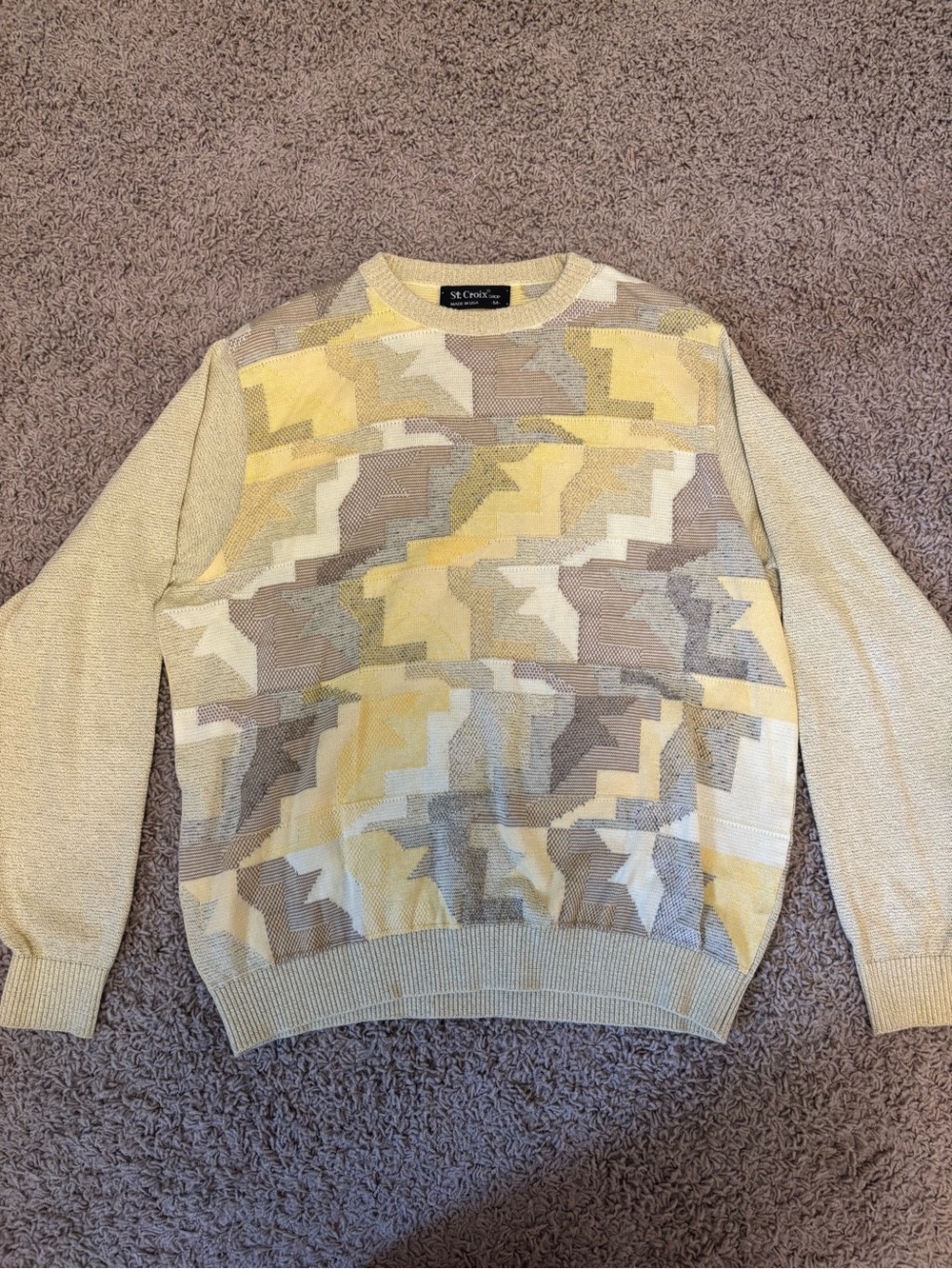 90’s St Croix Crewneck Sweater in Pale Yellow Geometric